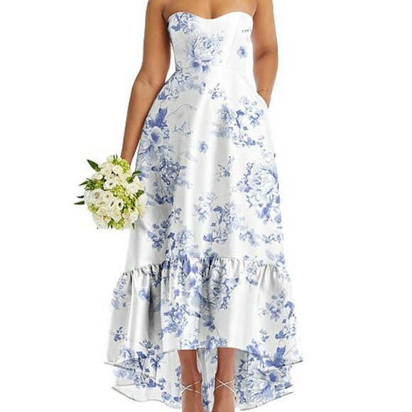 Alfred Sung White Blue Strapless Floral Ruffle High-Low Gown D838FP